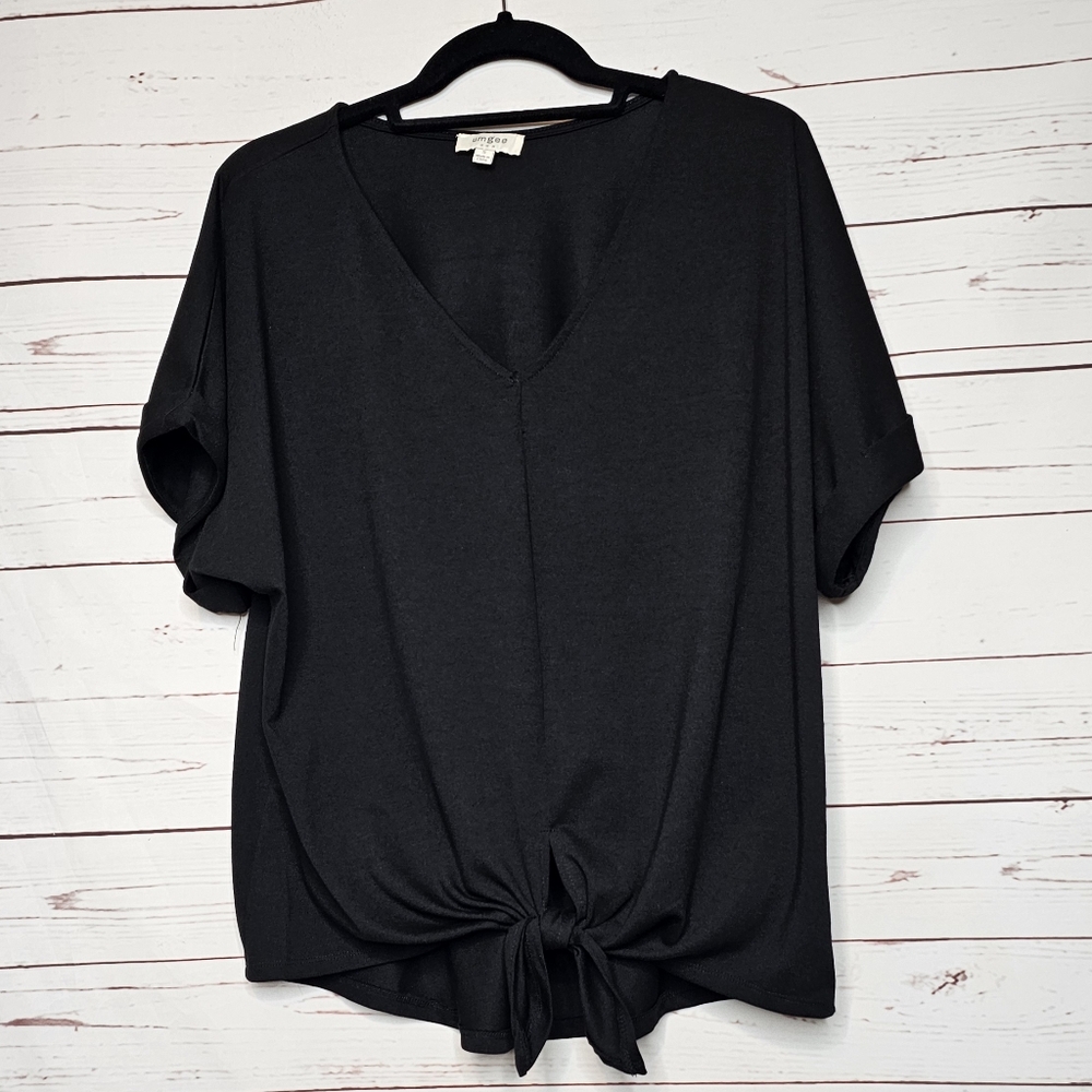 Umgee Black Tie-Front V-Neck Blouse